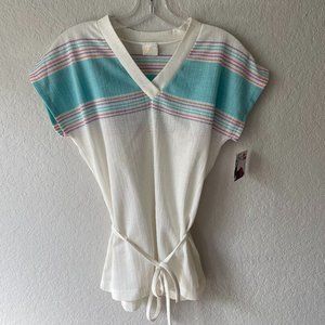 Vintage Belted V-Neck Striped Cap Sleeve Top